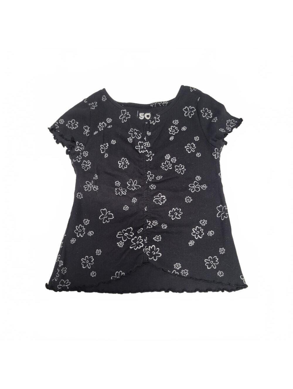 SO Black White Ruffle Hem All Over Floral Print Short Sleeve Top Girls Size XS 6